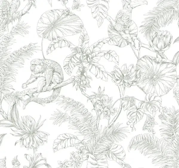 Papel pintado estampado floral en color verde Tropical Sketch Toile RT7842