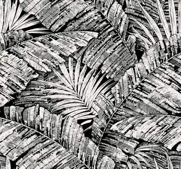 Papel pintado de hojas en color negro Palm Cove Toile RT7921