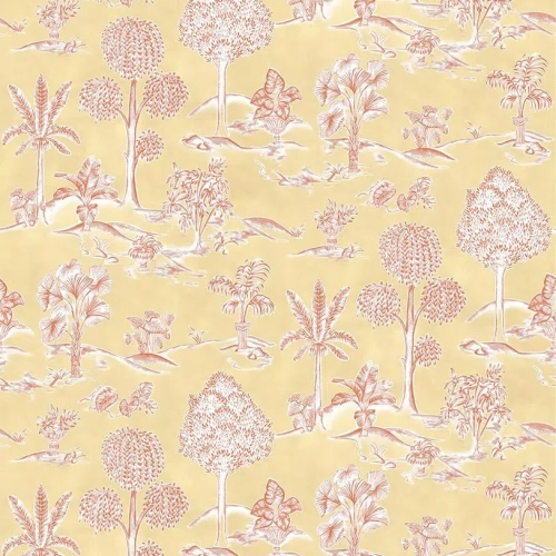 Papel pintado de toile de jouy en color amarillo Karuna W8033-03